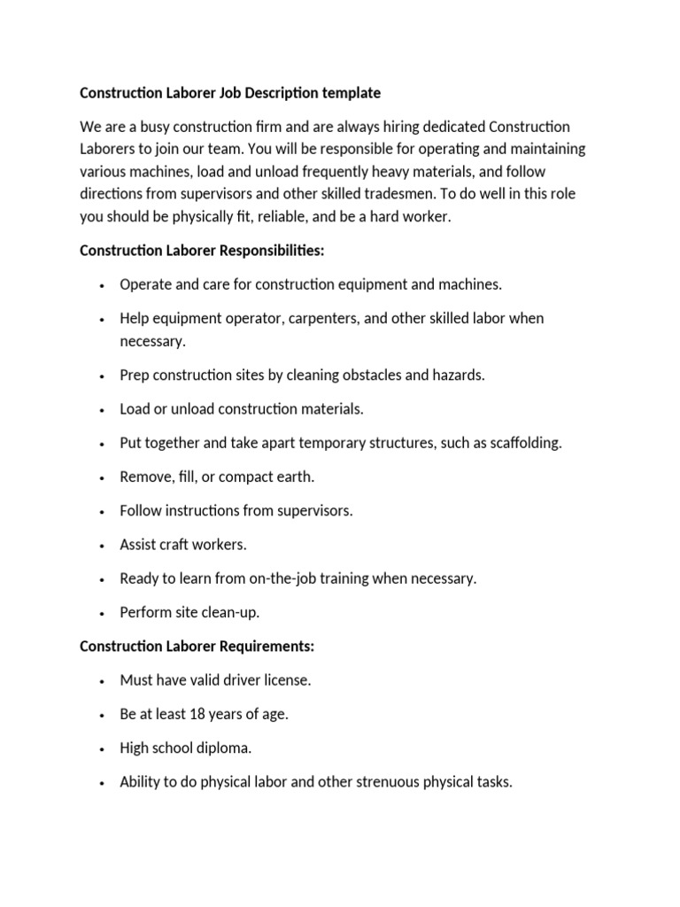 Construction Laborer Job Description Template | PDF