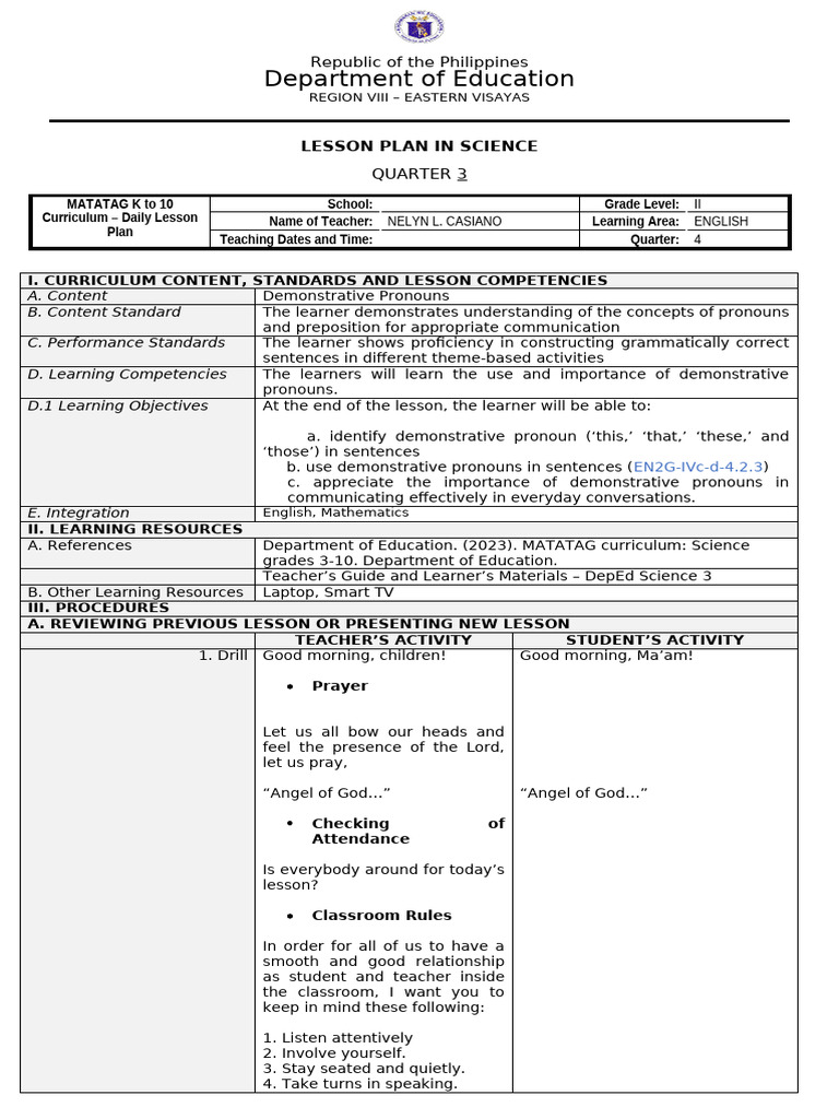 Lesson Plan: Demonstrative Pronouns | PDF | Grammatical Number | Plural