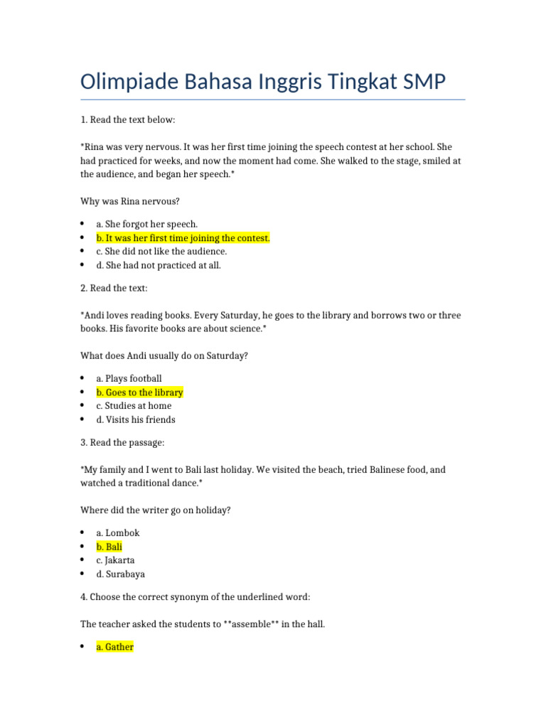 SMP English Olympiad Questions | PDF | Bali | Chess