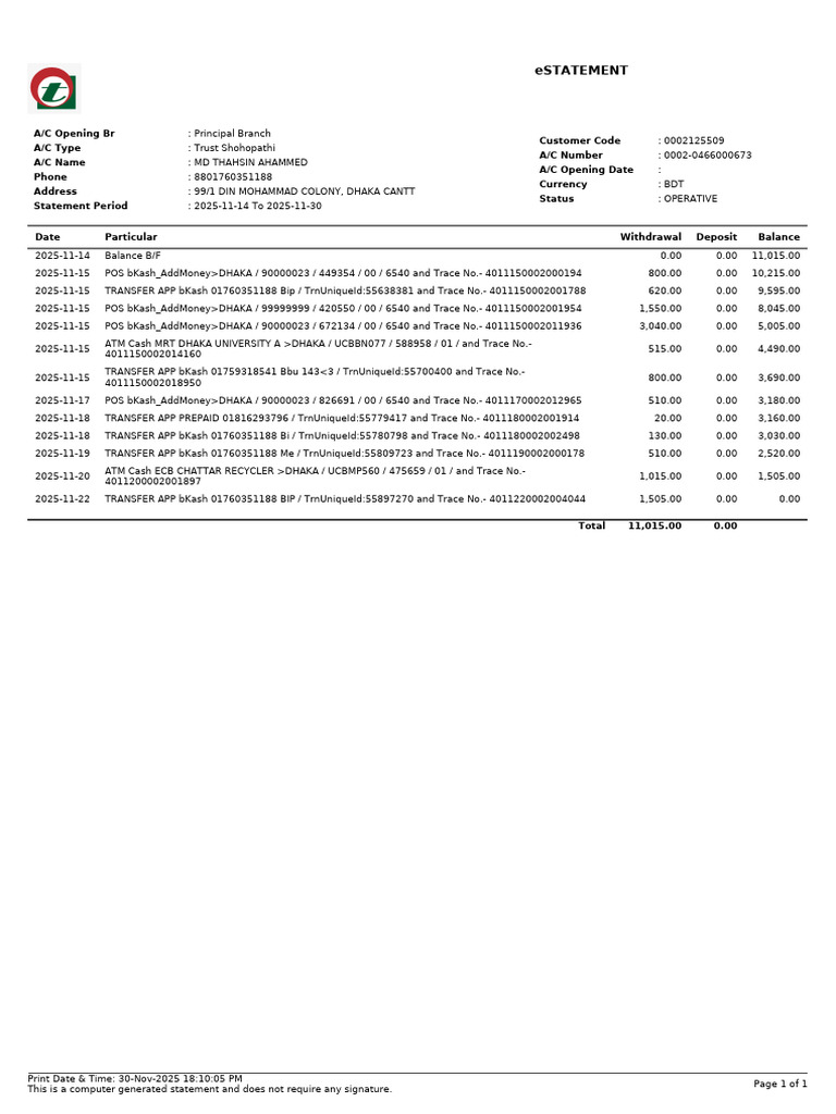 Trust Account Statement for MD Thahsin Ahammed | PDF | Financial ...