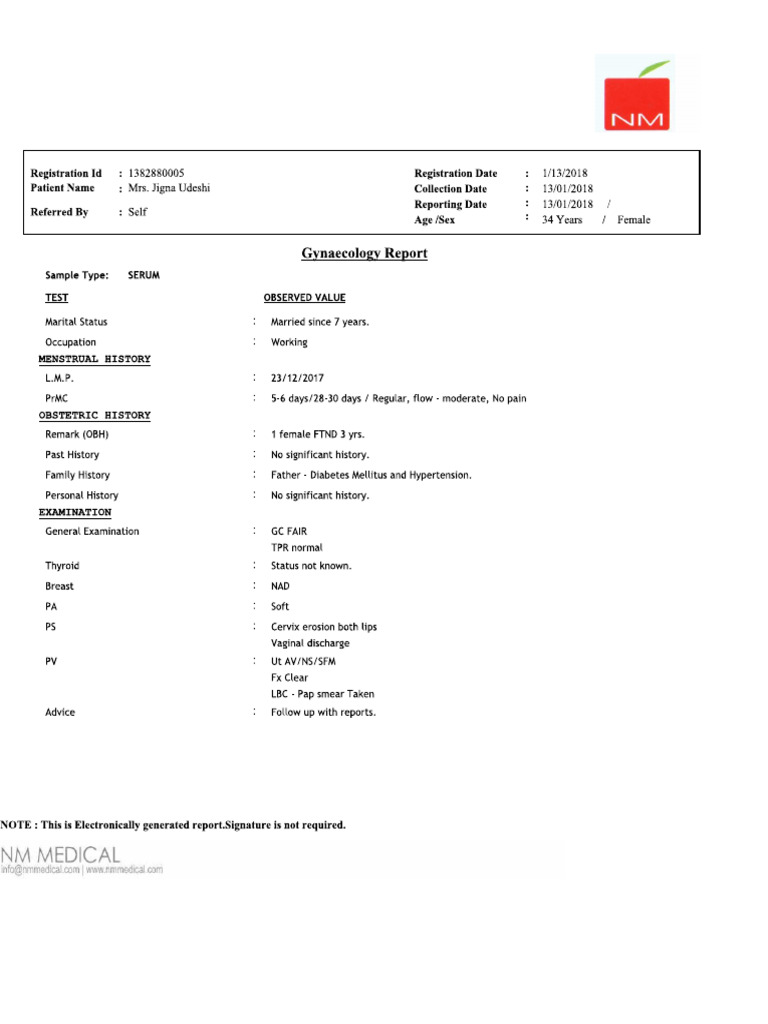 Gynaecology Report With Pap Smear | PDF