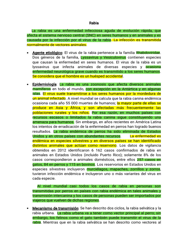 Rabia: Causas, Transmisión y Síntomas | PDF