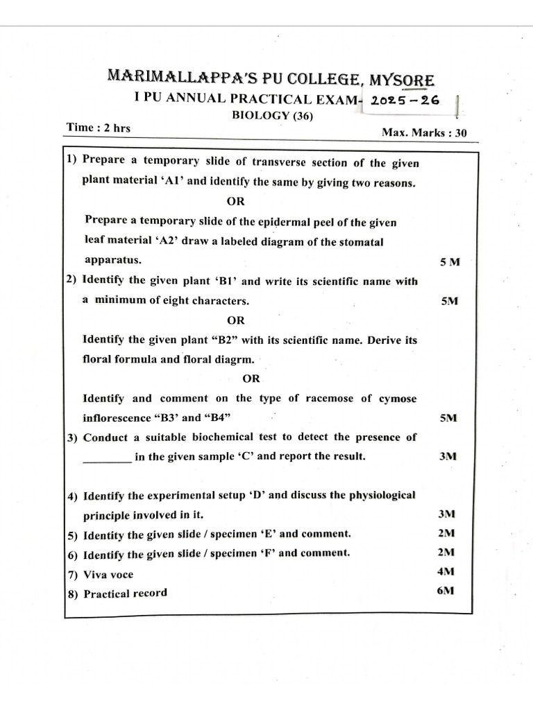 I PU Biology Practical Blueprint-2025 | PDF