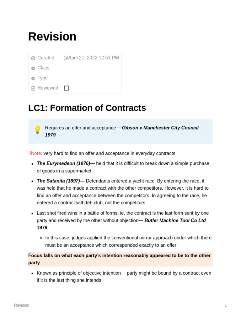 Contract Revision Notes | PDF | Misrepresentation | Offer And Acceptance