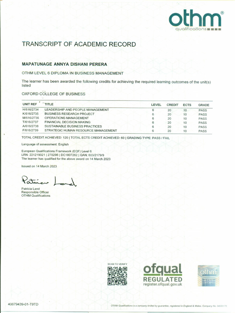 M.a.D Perera - OTHM Transcript - Notarized | PDF