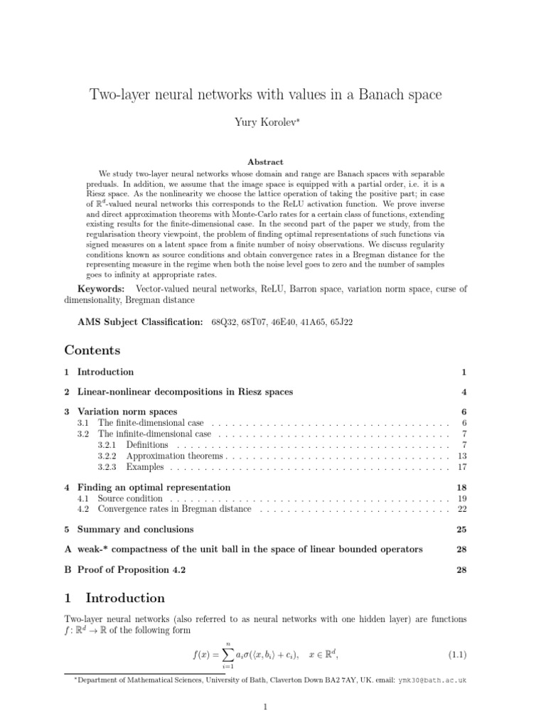 Two-Layer Neural Networks in Banach Spaces | PDF | Banach Space ...