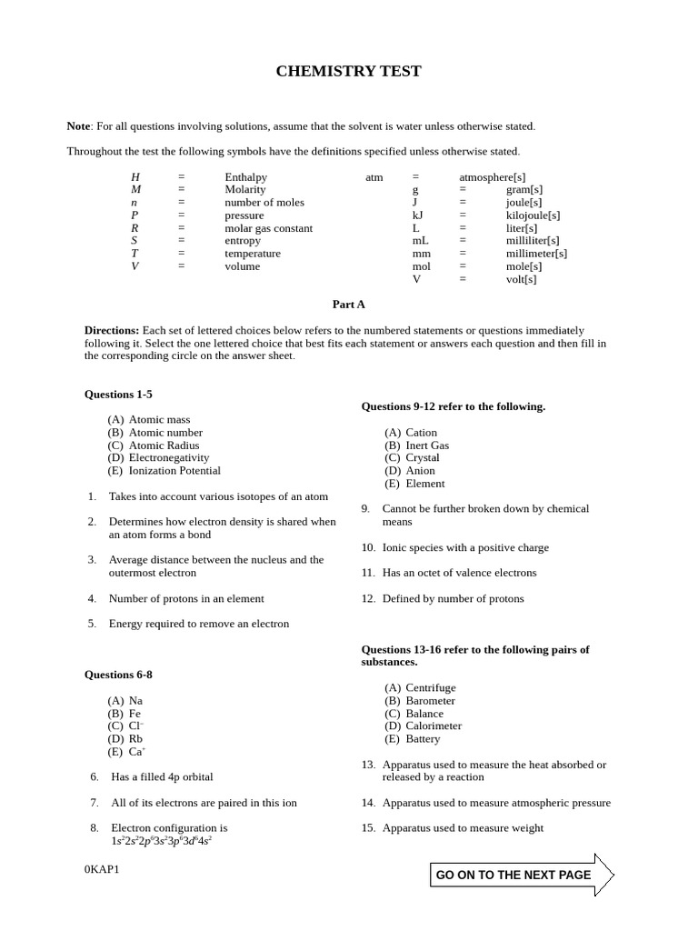 Chemistry Test Questions and Answers | PDF | Atoms | Ion