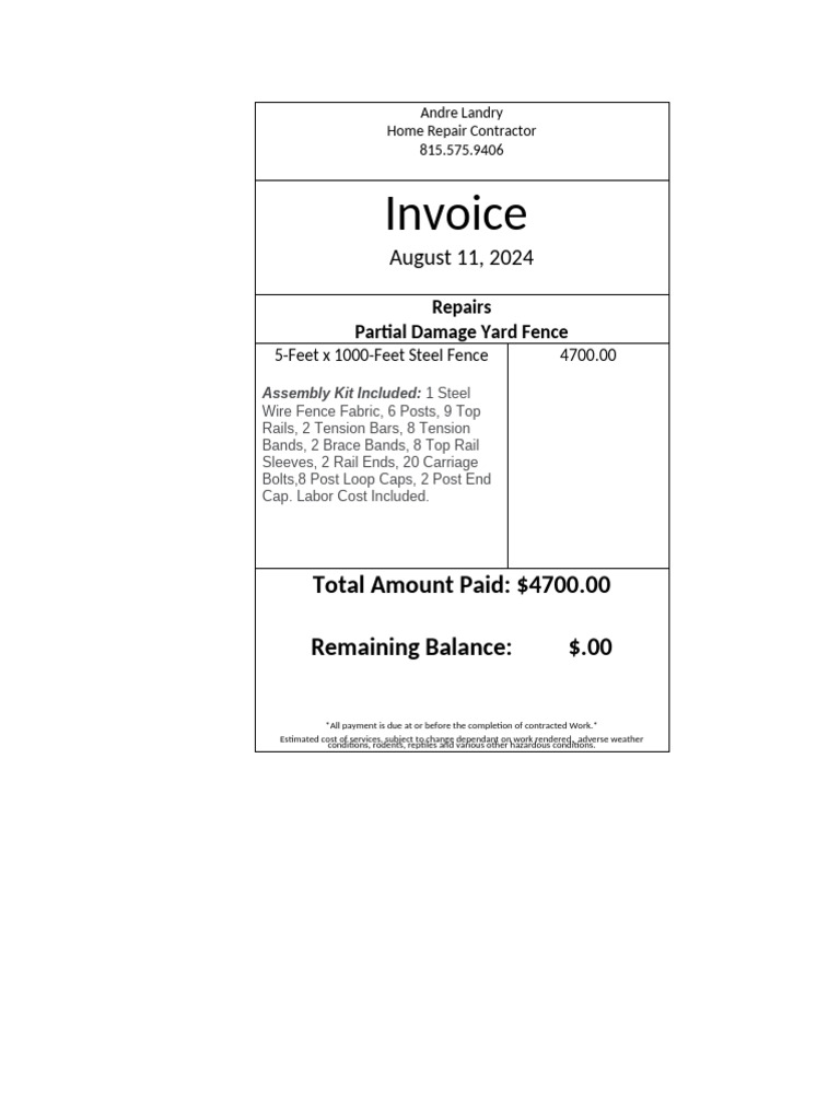 Invoice for Steel Fence Repair Services | PDF