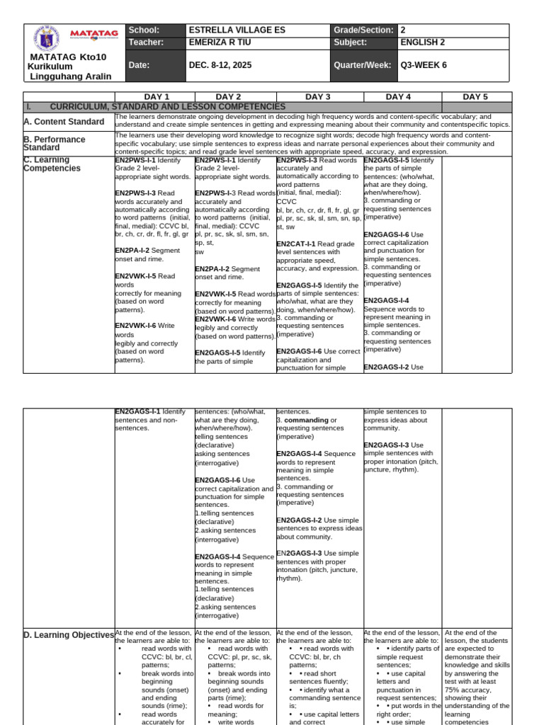English 2 Curriculum Overview Q3-W6 | PDF | Sentence (Linguistics ...