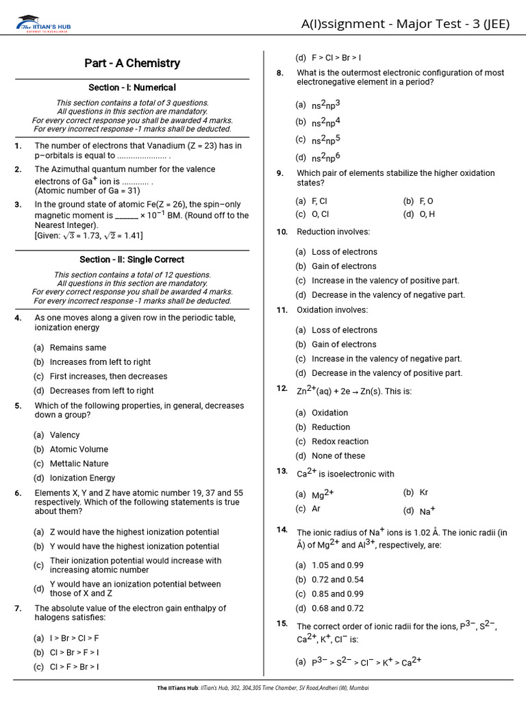 A(I)Ssignment Major Test 3 JEE -TestPaper-1755966290 | PDF | Ion | Redox