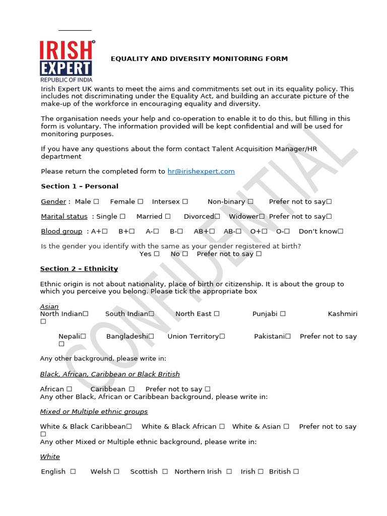 Equality and Diversity Monitoring Form | PDF | Homosexuality | Identity ...