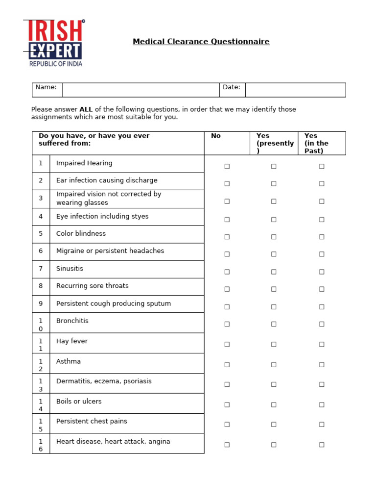 Medical Clearance Questionnaire Form | PDF | Dermatitis | Bronchitis