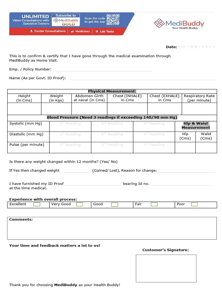 MediBuddy Home Visit Medical Exam Form | PDF
