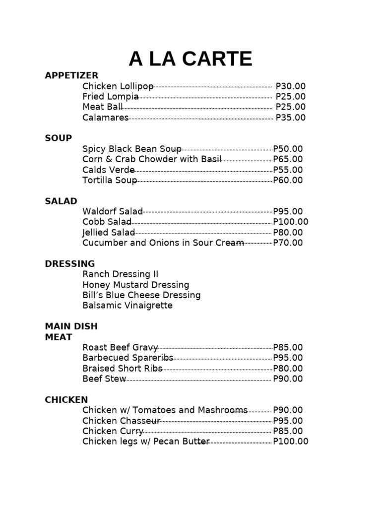 A La Carte Menu for Le Em's Restaurant | PDF
