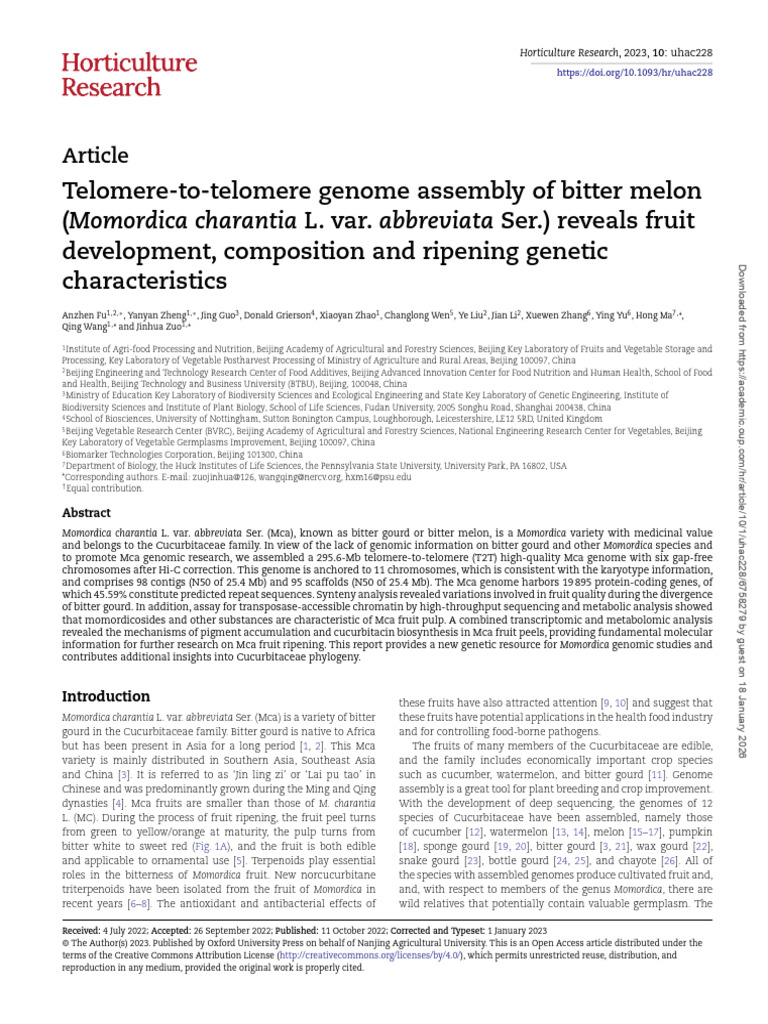 Telomere-to-telomere genome assembly of bitter melon (Momordica ...