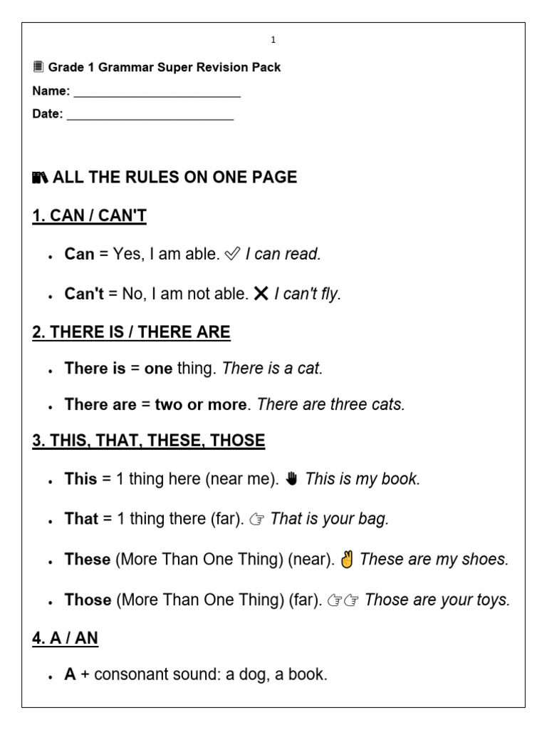 Grade 1 Grammar Revision Guide | PDF | Linguistic Morphology | Languages