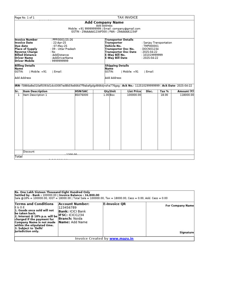 Tax Invoice for Transportation Services | PDF | Invoice | Government ...
