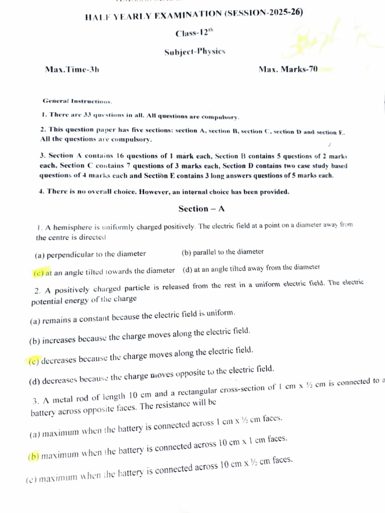 Phy Half Yearly Sample Paper | PDF