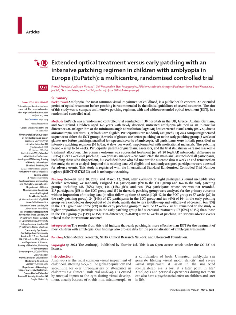 Extended Optical Treatment Versus Early Patching With An Intensive ...