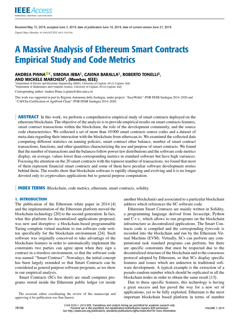 2019 A Massive Analysis of Ethereum Smart Contracts Empirical Study and  Code Metrics | PDF | Software | Computer Programming