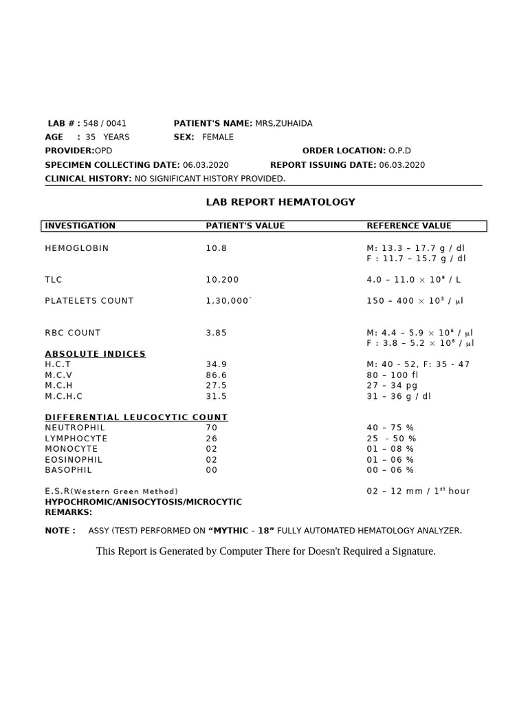 Hematology Lab Report for Mrs. Zuhaida | PDF