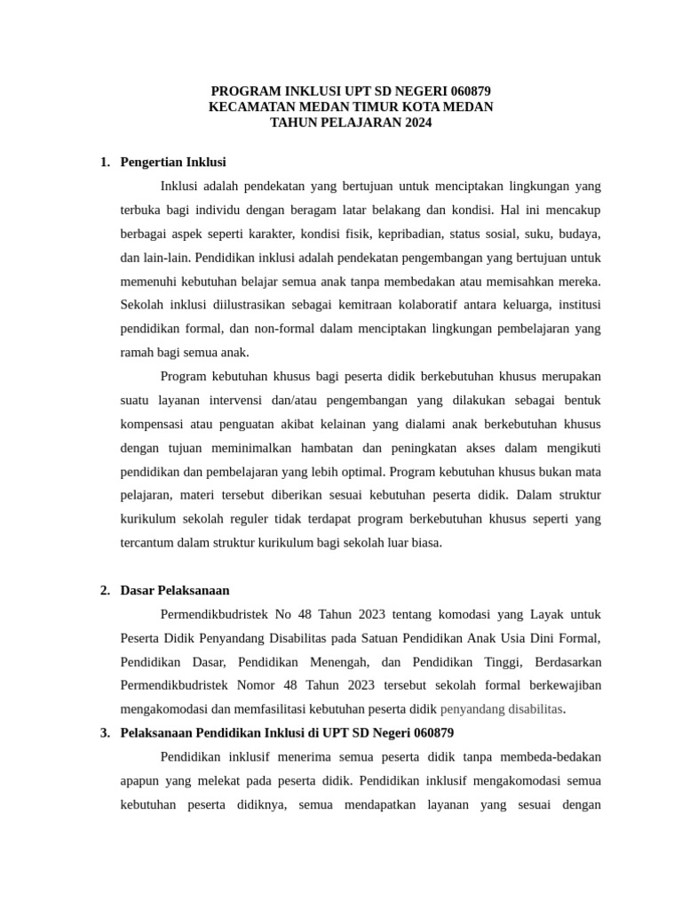 Program Inklusi UPT SD 060879 Medan 2024 | PDF