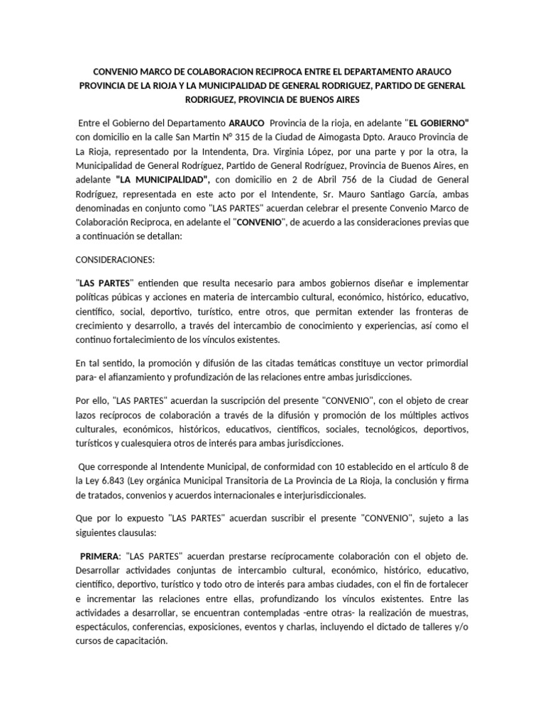 Convenio Marco de Colaboracion Reciproca Entre El Departamento Arauco ...