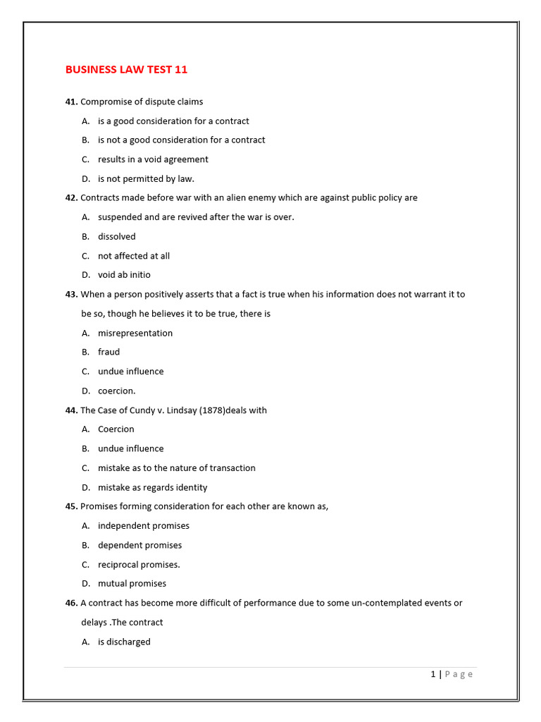 Business Law Test Questions and Answers | PDF | Void (Law) | Guarantee