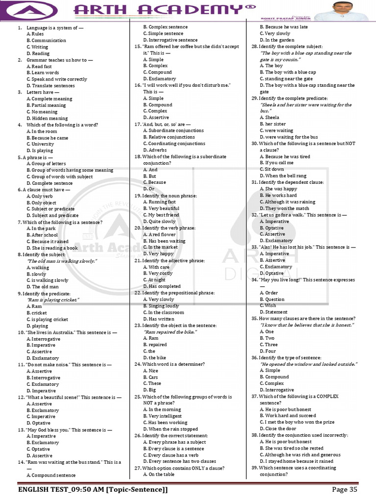 English Grammar Test Questions | PDF | Subject (Grammar) | Sentence ...
