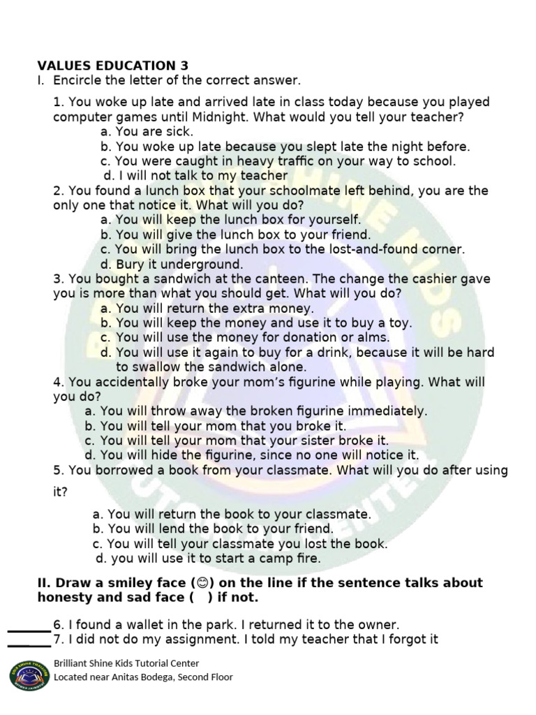 Values Education Quiz for Kids | PDF