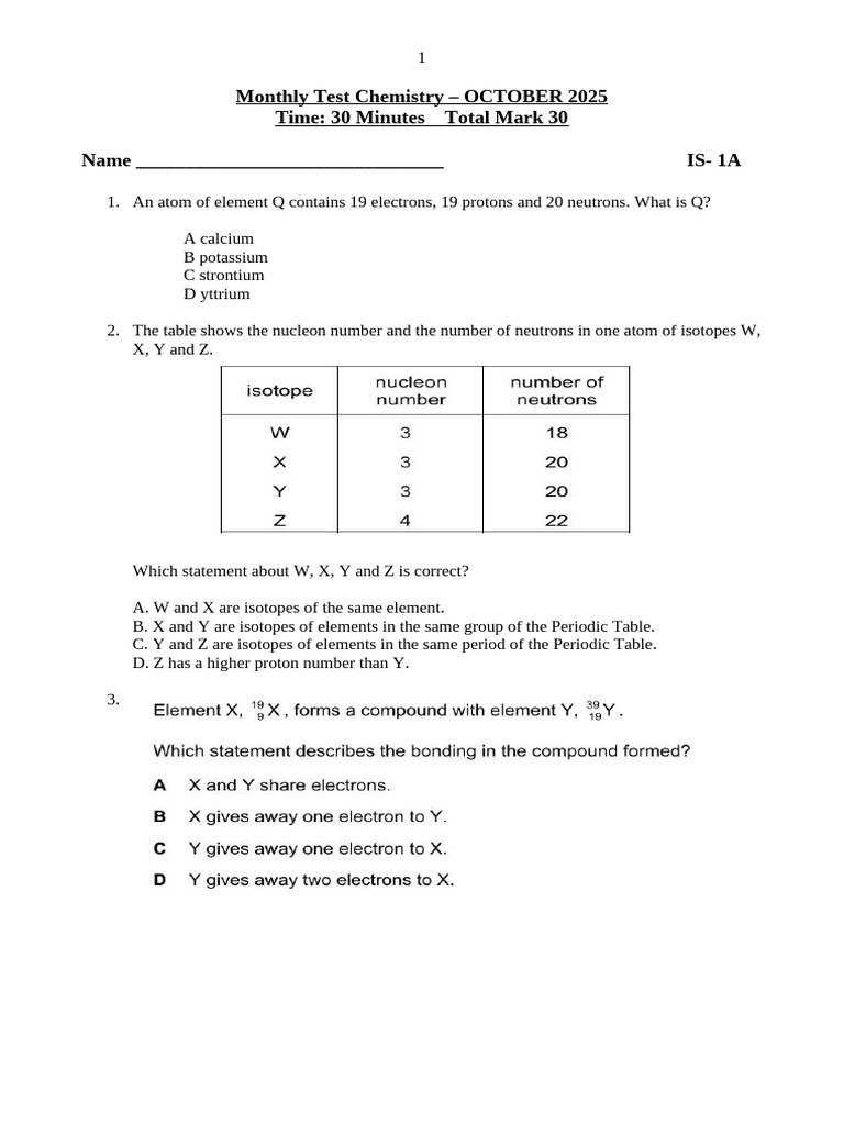 Chemistry Monthly Test - October 2025 | PDF | Atoms | Ion