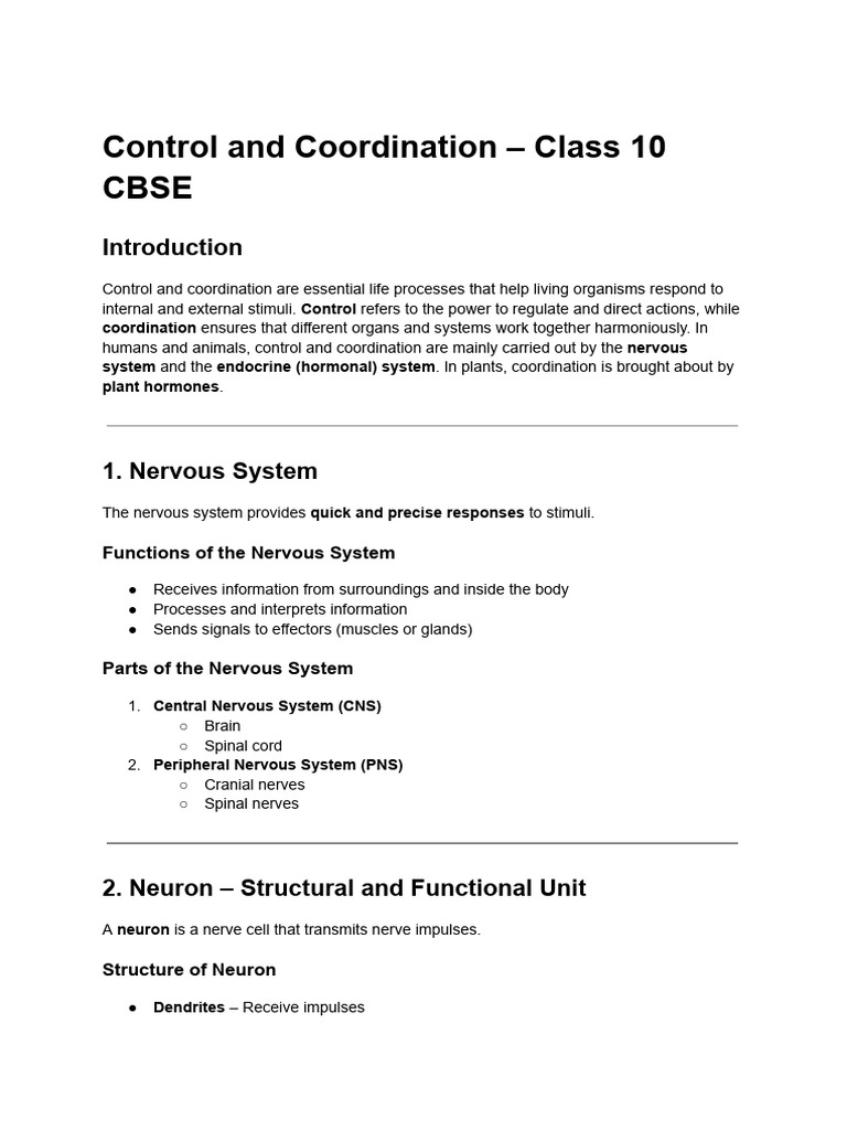 Control and Coordination in Organisms | PDF | Nervous System | Neuron