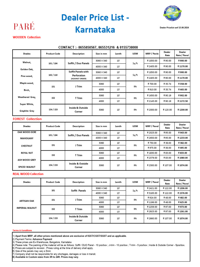 Karnataka Dealer Price List 2024 | PDF