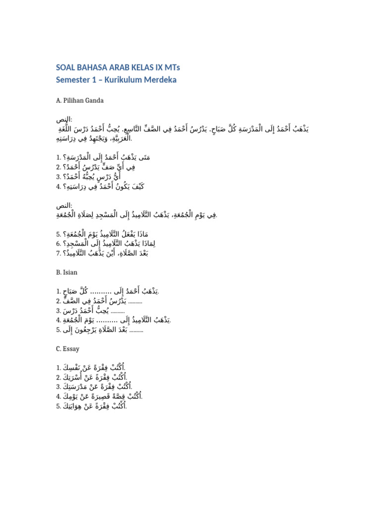 Soal Bahasa Arab Kelas 9 Semester 1 | PDF