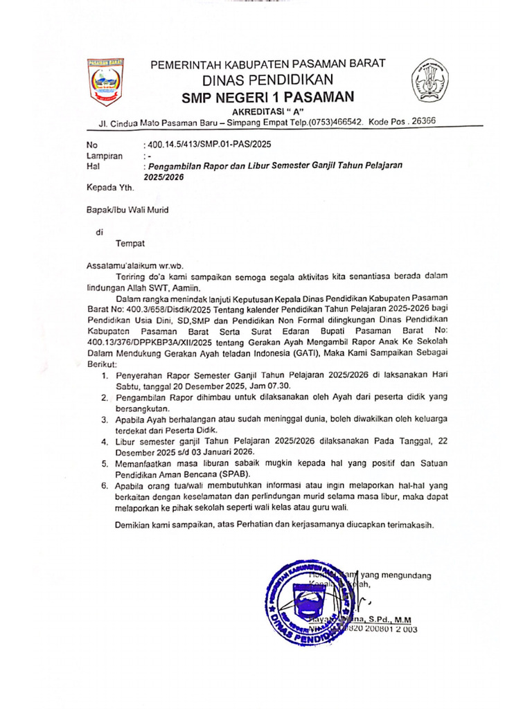 Undangan Pengambilan Rapor Smpn 1 Pasama | PDF