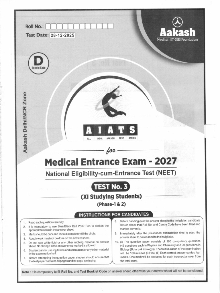 NEET 2027 Test 3 Instructions & Topics | PDF | Force | Collision