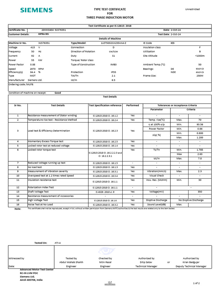 Three Phase Induction Motor Test Certificate | PDF | Electrical ...