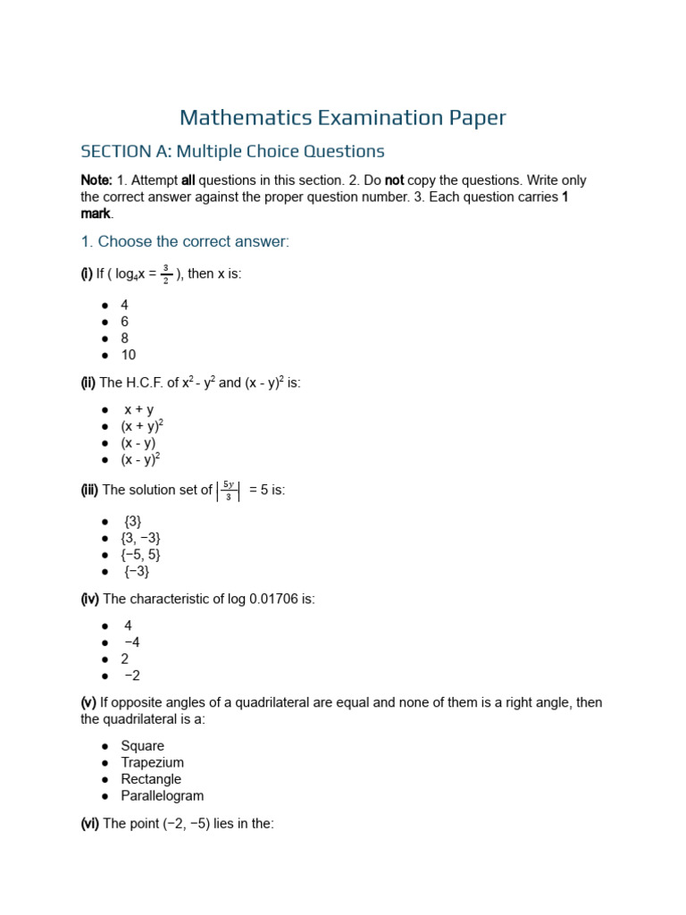 Rewritten Mathematics Examination Paper | PDF | Triangle | Algebra