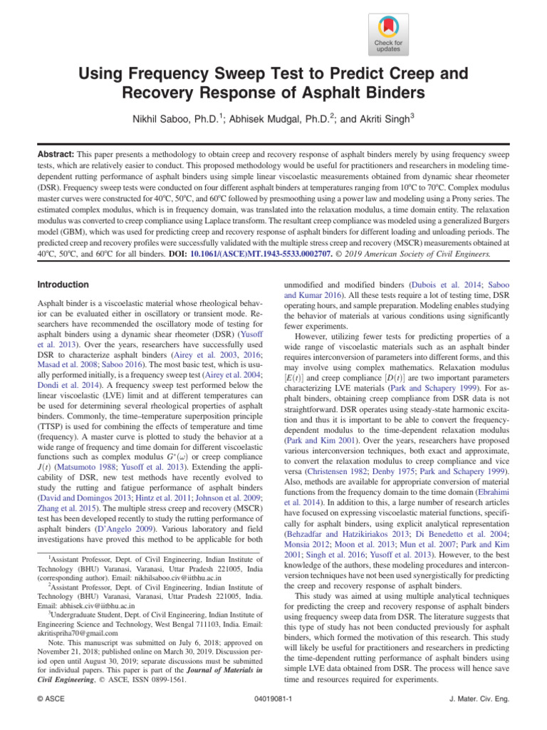 Saboo Et Al 2019 Using Frequency Sweep Test To Predict Creep and ...