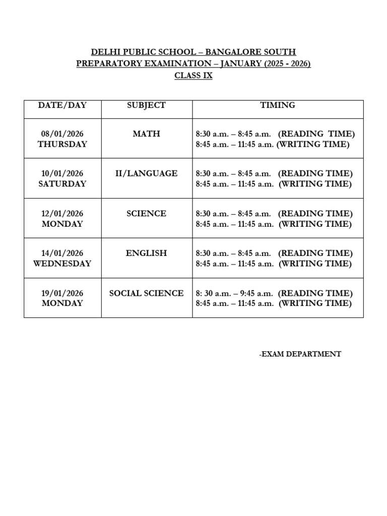 DPS Bangalore South Class IX Exam Schedule | PDF