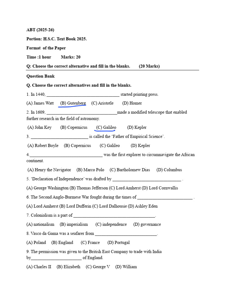 H.S.C. History Question Bank 2025-26 | PDF