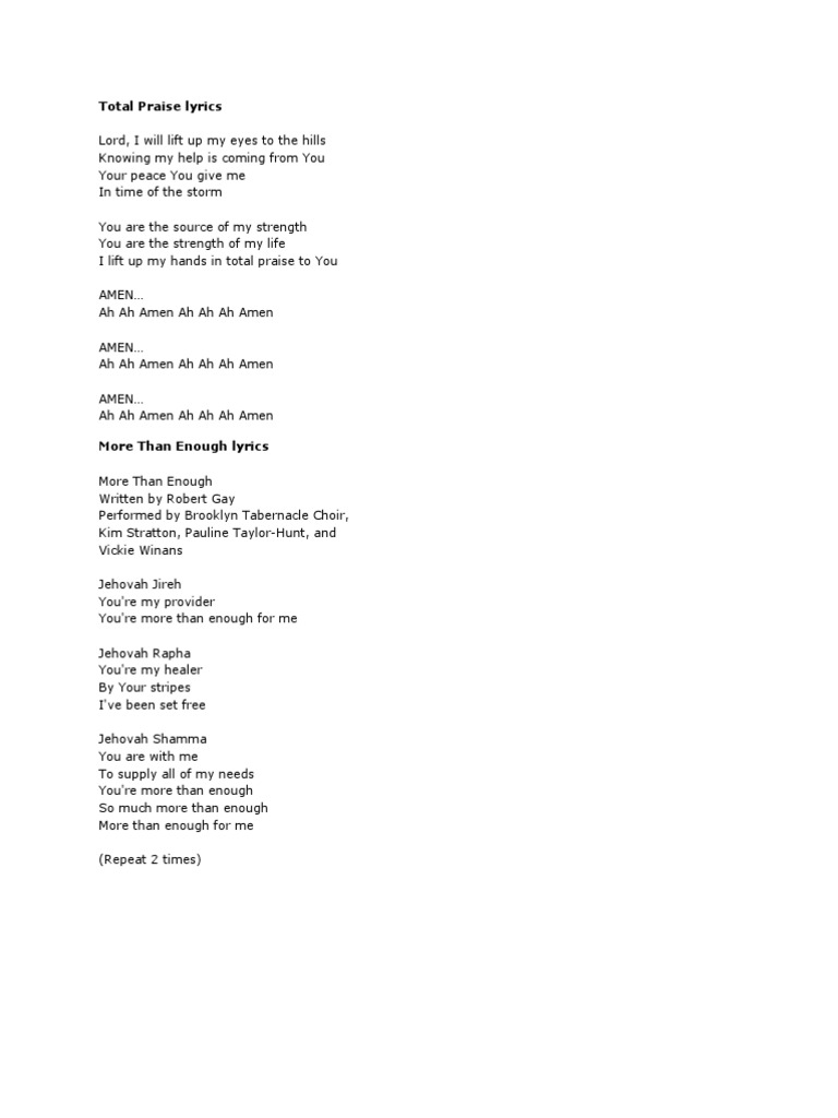 Brooklyn Choir Total Praise Lyrics PDF