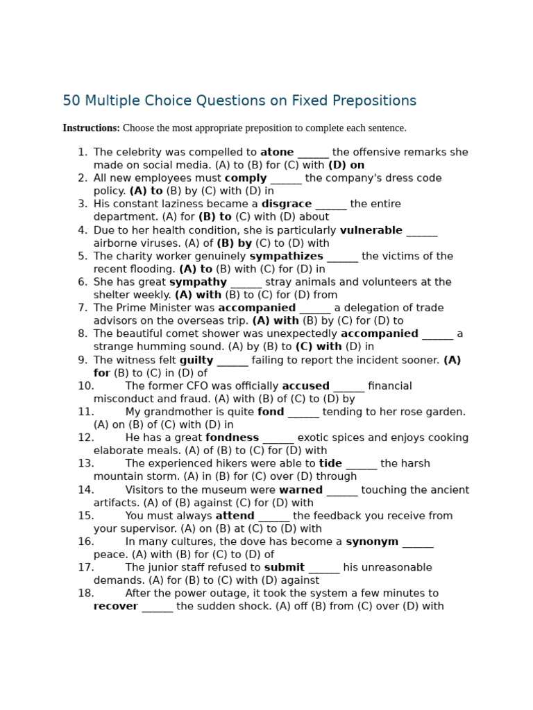 Fixed Prepositions: 50 MCQs for Practice | PDF