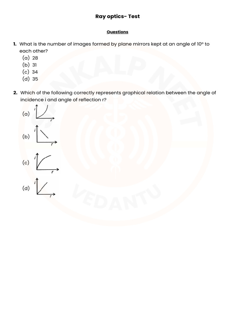 Ray Optics Test Questions and Answers | PDF | Mirror | Optics