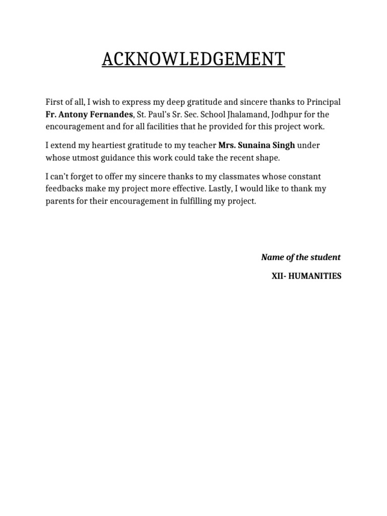 Acknowledgements for Project Work | PDF