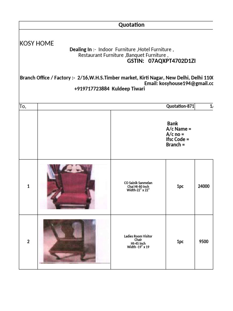 Quotation for Indoor and Hotel Furniture | PDF | Consumer Goods | Home