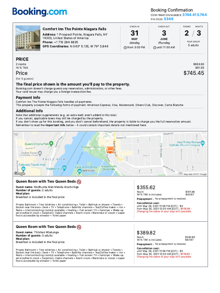 Comfort Inn Niagara Falls Booking Details | PDF