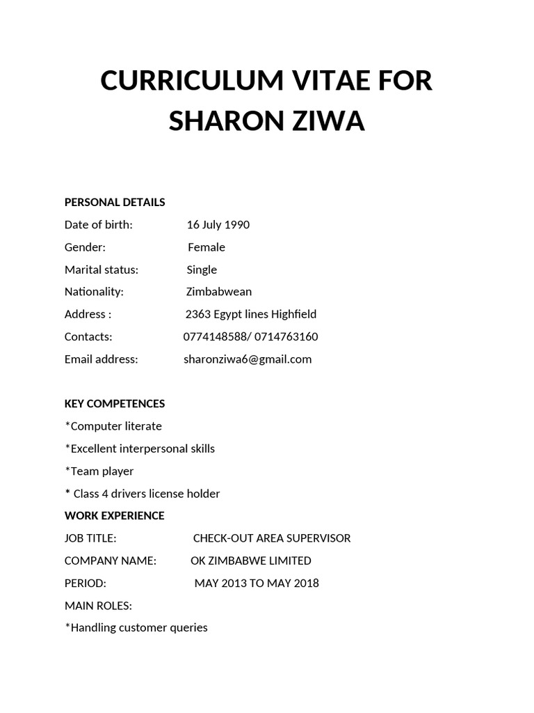 Sharon Ziwa CV and Work Experience | PDF | Zimbabwe | Business