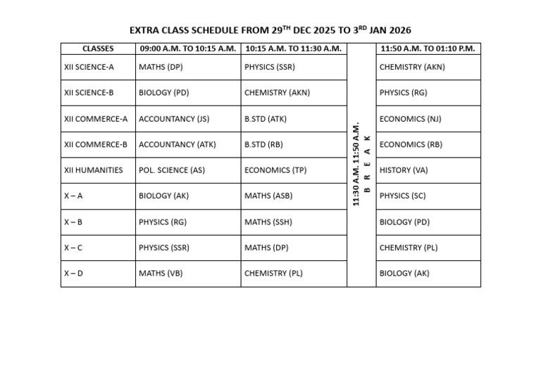 Extra Class Schedule From 29th Dec to 3rd Jan 2026 | PDF