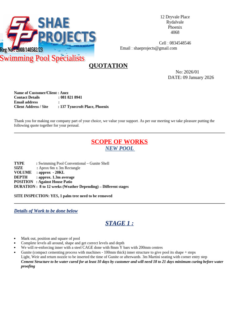 Swimming Pool Quotation for Anez | PDF | Materials | Building Materials